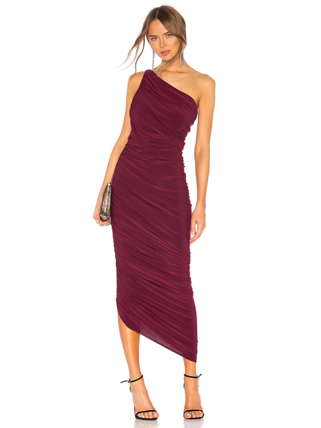 Norma Kamali Burgundy One Shoulder Asymmetrical Ruched Maxi Dress Size S